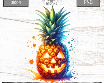Pineapple Jack O’ Lantern PNG | Tropical Summerween Clipart | Watercolor Halloween Art | 300dpi Sublimation Instant Download for Crafts
