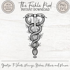 Puede incluir: Ilustración en blanco y negro de un diseño de caduceo con dos serpientes entrelazadas alrededor de un bastón, con hojas. El texto "The Fickle Pixel" y "Instant Download" están en la parte superior. Adecuado para camisetas, tazas, pegatinas y almohadas.