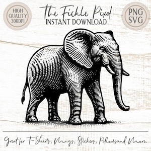 May include: A detailed black and white illustration of an elephant. The image includes the text "The Fickle Pixel INSTANT DOWNLOAD" and "Great for T-Shirts, Mugs, Stickers, Pillowsand More."