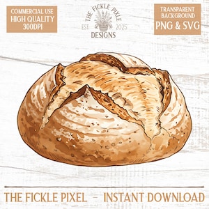 May include: A watercolor illustration of a round loaf of bread with a golden-brown crust. The image includes text that reads "THE FICKLE PIXEL - INSTANT DOWNLOAD", "COMMERCIAL USE HIGH QUALITY 300DPI", and "TRANSPARENT BACKGROUND PNG & SVG".