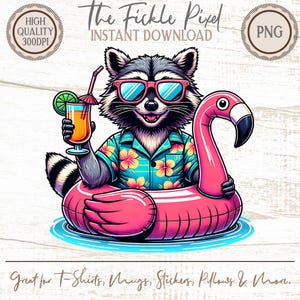 Puede incluir: Un mapache de dibujos animados con gafas de sol y una camisa hawaiana, flotando en un flotador de piscina de flamenco rosa. El mapache sostiene un cóctel con una lima y una sombrilla. Texto: "The Fickle Pixel" y "Instant Download".