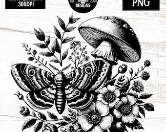 Cottagecore Moth with Mushroom and Botanicals PNG | Vintage Style Insect Clipart | 300DPI Digital Download | Commercial Use | POD-Ready