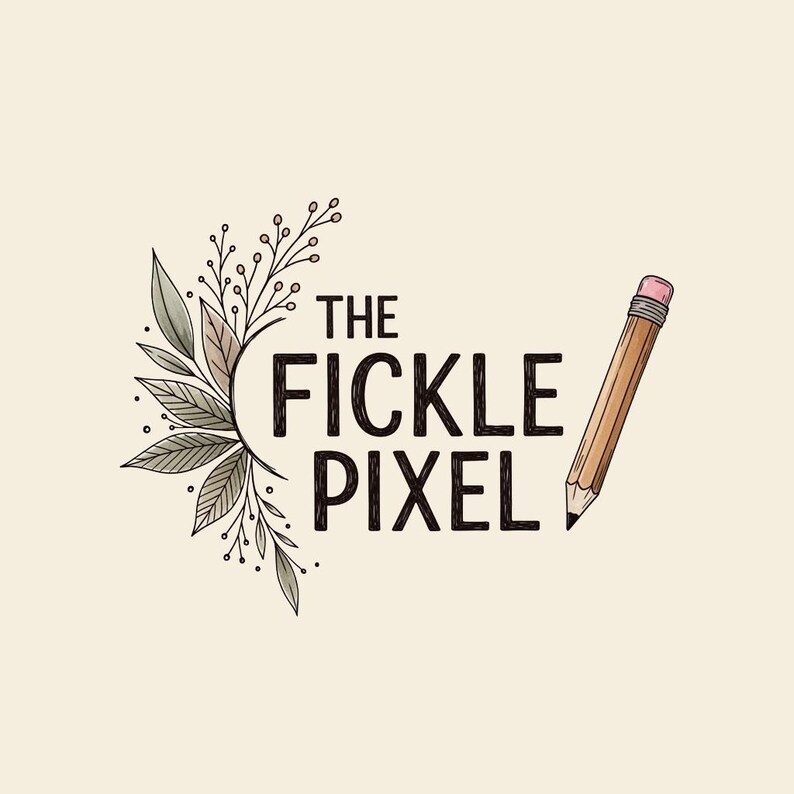 May include: A logo design featuring the text "THE FICKLE PIXEL" in a bold, dark font. A pencil with a pink eraser is positioned to the right. A watercolor-style botanical illustration of leaves and branches is on the left.