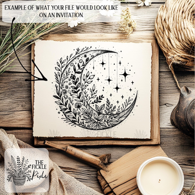May include: Black and white illustration of a crescent moon with a floral design and stars. The moon is surrounded by a border of small dots. The text "The Fickle Pixie" is in the lower left corner of the image.