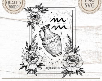 Aquarius Zodiac PNG SVG | Water Bearer Celestial Art | Mystical Line Art Design | Instant Download | Commercial License
