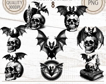 Paquete de imágenes prediseñadas de murciélagos vintage PNG, 8 ilustraciones espeluznantes de murciélagos negros, gráficos góticos de Halloween, uso comercial, descarga digital instantánea