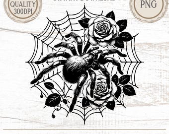 Vintage Tarantula Spider Web Roses PNG, Gothic Black Illustration, Printable Art, Instant Download T-Shirt Design, Crafters Gift