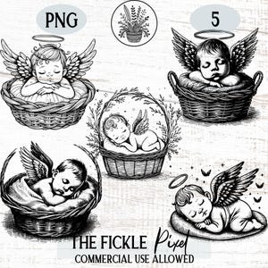 Angel Baby PNG with Halo and Wings Graphics Set Of 5 PNG Files - Miscarriage Memorial Design, Silhouette