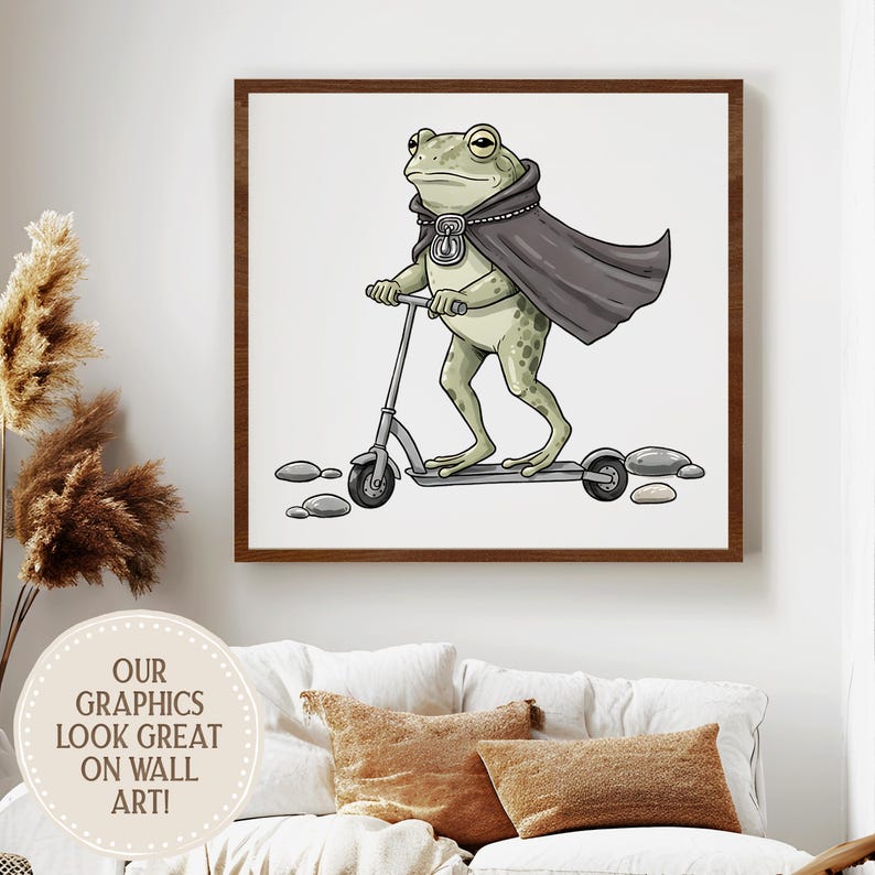 K&ouml;nnte beinhalten: Ein gerahmter Wandkunstdruck mit einem Cartoon-Frosch auf einem Roller. Der Frosch ist gr&uuml;n, tr&auml;gt einen schwarzen Umhang und ein Medaillon. Der Druck ist in einem braunen Rahmen, mit dem Text "OUR GRAPHICS LOOK GREAT ON WALL ART!" in einem Kreis unten links.