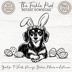 Puede incluir: Ilustración en blanco y negro de un perro salchicha con orejas de conejo y una corona de flores, rodeado de huevos de Pascua decorados. Texto: "The Fickle Pixel Instant Download" y "Great for T-Shirts, Mugs, Stickers, Pillows and More."