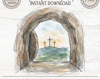 Easter Empty Tomb Watercolor PNG Clipart | Resurrection Crosses Sunrise Digital Download DIY Crafts