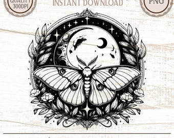 Mariposa Mística PNG, Arte Celestial das Fases da Lua, Download Digital Botânico Gótico, Arquivo de Desenho para Tatuagem de Bruxa