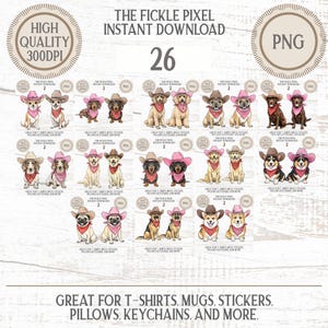 Op de afbeelding: Digitale download met 26 illustraties van honden met cowboyhoeden en bandana's. De honden zijn in verschillende rassen en kleuren, met bruine en roze hoeden. Tekst bevat "The Fickle Pixel Instant Download" en "Great for T-shirts, mugs, stickers, pillows, keychains, and more."