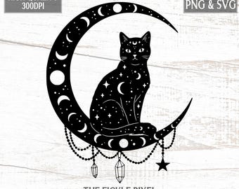 Mystical Black Cat Moon Phases Digital Download PNG SVG Witch Spiritual Art Print T-Shirt Design Craft Instant Download 300dpi