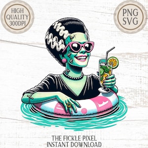 May include: Illustration of a green-skinned character with black hair and pink sunglasses, floating in a pool with a drink. The character is wearing a black dress and a pearl necklace, and is in a pink and white inner tube. Text reads "THE FICKLE PIXEL INSTANT DOWNLOAD."