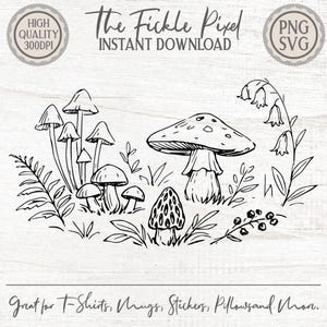 May include: Black and white line art illustration of various mushrooms and foliage. The text reads "The Fickle Pixel INSTANT DOWNLOAD" and "Great for T-Shirts, Mugs, Stickers, Pillowsand More."