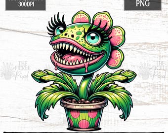 Puede incluir: Ilustración digital de una planta carnívora con una boca grande y dentada, flor verde y rosa y largas pestañas. La planta está en una maceta de lunares rosas y verdes. El texto incluye "NO PHYSICAL ITEM HIGH QUALITY 300DPI" y "TRANSPARENT BACKGROUND PNG".