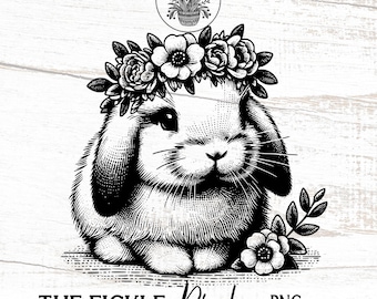 Floral Holland Lop Bunny PNG Clipart, Easter Design (Digital Download)