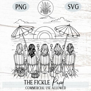 Può includere: Illustrazione in bianco e nero di sei donne sedute su sedie su un molo, che tengono calici di vino, con ombrelloni e un tramonto sullo sfondo. Il testo "THE FICKLE Pixel" e "COMMERCIAL USE ALLOWED" sono in basso.
