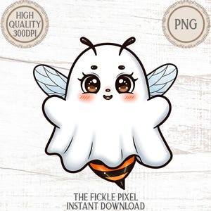May include: A cartoon illustration of a bee-shaped ghost. The ghost is white with a black outline, large brown eyes, and small wings. The bee's stinger is orange and black. The text "THE FICKLE PIXEL INSTANT DOWNLOAD" is at the bottom.