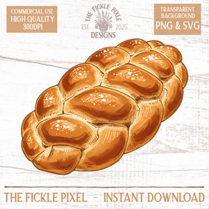 Może przedstawiać: Ilustracja złotobrązowego, plecionego bochenka chleba, posypanego białymi kryształkami. Obraz zawiera tekst "The Fickle Pixel - Instant Download" i "Commercial Use High Quality 300DPI."