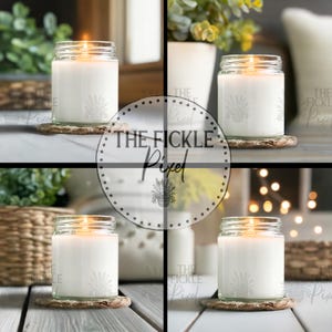 White Jar Candle No Lid 4 Mockup Bundle, Greenery Featured Mock Ups Add Your Design, Mockup for Clear Jar 9oz, Printed Mint Candle Mockup