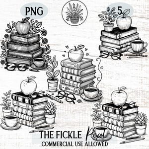 Books And Apple PNG Graphics Set, Reading Bundle, Teacher Graphics, Librarian Clipart, Silhouette, Commercial Use