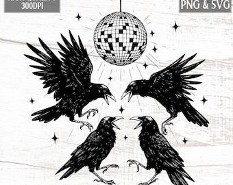 Dansende kraaien discobal SVG PNG digitale download afdrukbare muur kunst T-shirt ontwerp grappige gotische lijntekeningen direct downloaden