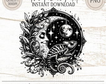 Mystical Moon Chameleon PNG Celestial Art Fantasy Digital Download Witchy Tattoo Design Nature Magic