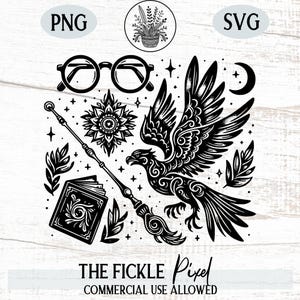 Wizard School Sampler PNG SVG | Vintage Magic Clipart with Phoenix, Wand, Spell Book & Glasses | High-Quality Graphic | Instant Download