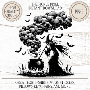 Könnte beinhalten: Schwarz-Weiß-Illustration einer Hexe, die einen Kessel umrührt, umgeben von Fledermäusen. Der Text "THE FICKLE PIXEL INSTANT DOWNLOAD" und "GREAT FOR T-SHIRTS, MUGS, STICKERS, PILLOWS, KEYCHAINS, AND MORE." ist enthalten.