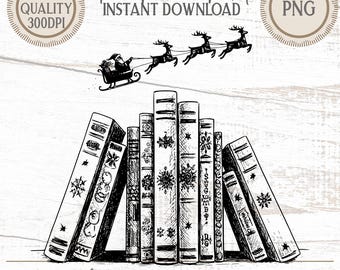 Santa Sleigh Books PNG, julläsningsclipart, julbokälskarens gåva, festlig vintergrafik, omedelbar nedladdning kommersiell användning