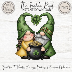 St Patricks Day Gnomes PNG, Lucky Couple with Gold Pot Clipart, Shamrock Heart Gnome Sublimation Graphics
