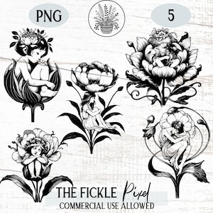 Flower Faeries Art Nouveau PNG Graphic Bundle 2, Jugendstil Clipart, Art Deco, Art Nouveau Clip Art Old Book Illustration, Commercial