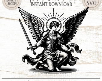 Angel Michael SVG PNG | Kneeling Warrior Clipart
