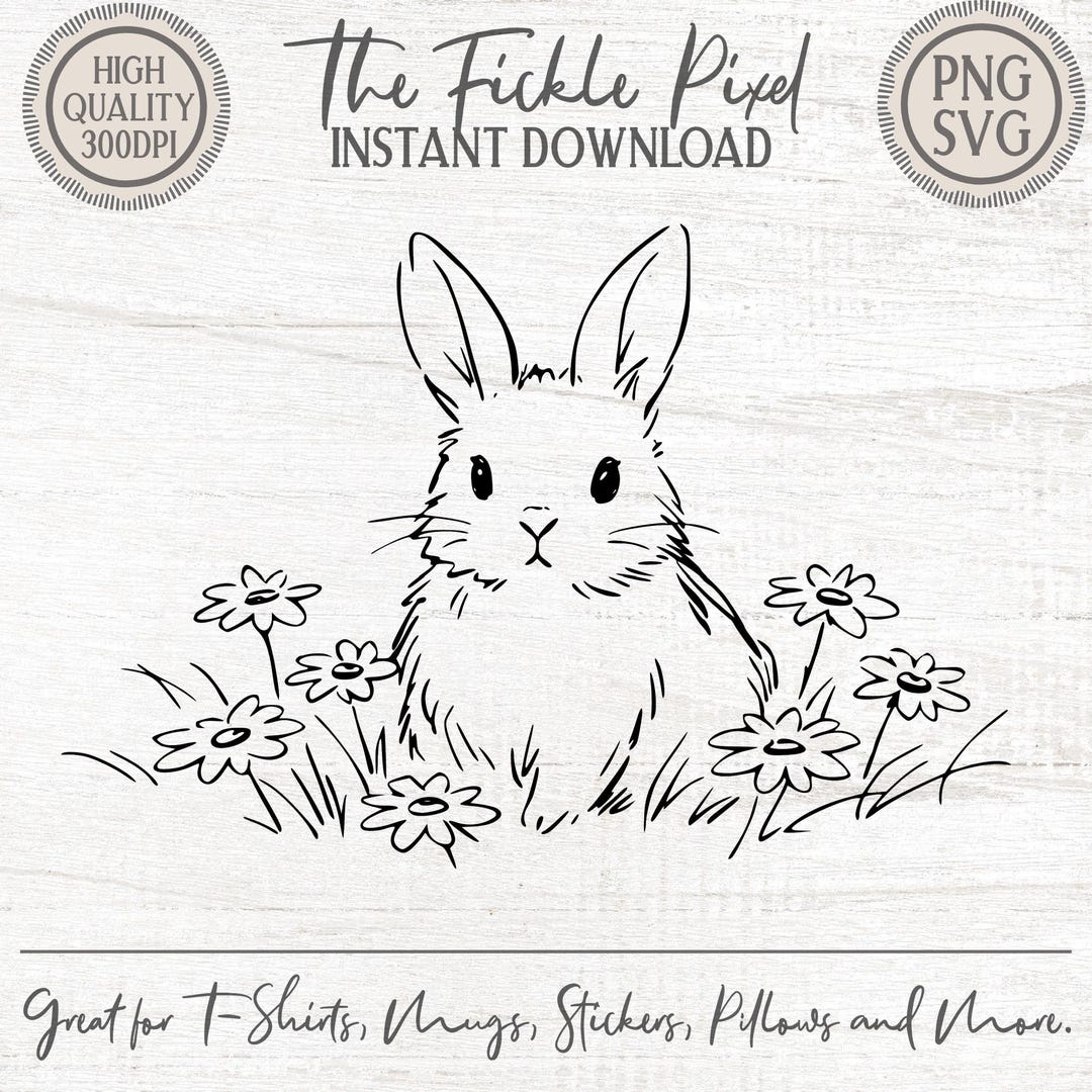 Bunny & Daisies Doodle Art PNG SVG Clipart | Spring Easter Line Art ...