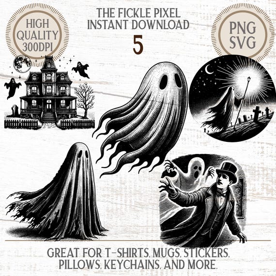 Vintage Halloween Ghost PNG Bundle: Spooky Haunted House Clipart (Digital Download)