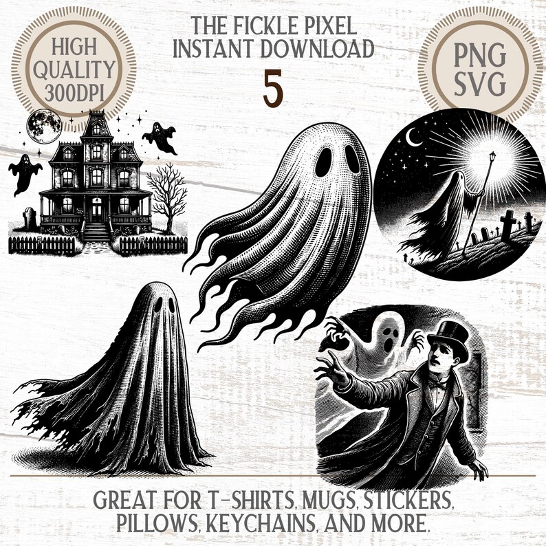 5 Ghost Halloween PNG Bundle – Vintage Spooky Ghosts, Haunted House, Graveyard, Flying Spirits & More | 300dpi Instant Download Clipart Set