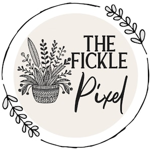 May include: A circular logo with the text "THE FICKLE Pixel" in black. The logo features a potted plant illustration in black and white, surrounded by a black outline and decorative leaves.