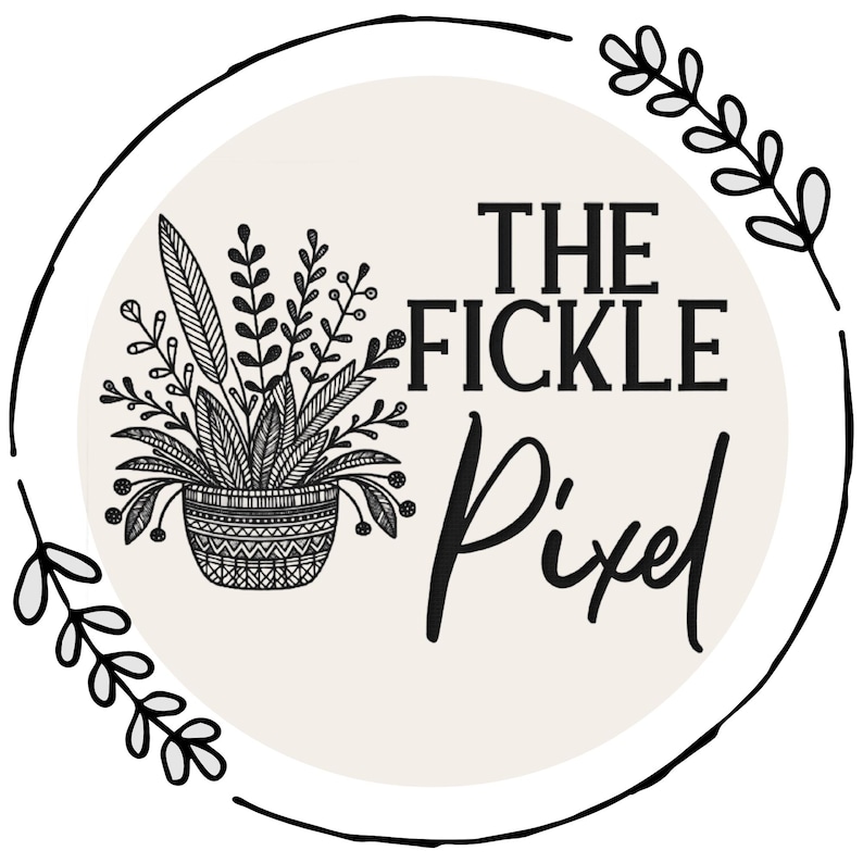 May include: A circular logo with the text "THE FICKLE Pixel" in black. The logo features a potted plant illustration in black and white, surrounded by a black outline and decorative leaves.