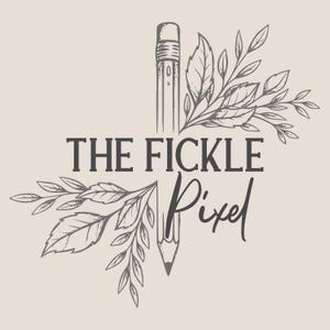 May include: A logo design with a pencil and botanical elements. The text "THE FICKLE Pixel" is displayed in a combination of serif and script fonts, with "Pixel" in a handwritten style. The design is in shades of grey on a beige background.