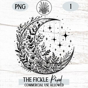 Boho Moon Floral Stars Art | Celestial PNG SVG (Digital Download) image 1