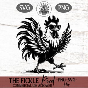 Cocky Hahn Clipart SVG PNG | Vintage Sketch Hahn mit Sonnenbrille & Flügeln | Lustige Bauernhof Kunst | Kommerzielle Nutzung | Sofort Download