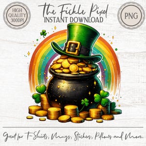 Puede incluir: Ilustración digital de una olla negra llena de monedas de oro, coronada con un sombrero verde de duende. Un arcoíris se arquea detrás de la olla, con tréboles y monedas de oro. Texto: "The Fickle Pixel, Instant Download".