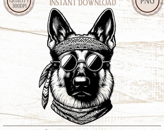 Boho German Shepherd PNG, Retro Dog Clipart (Digital Download)