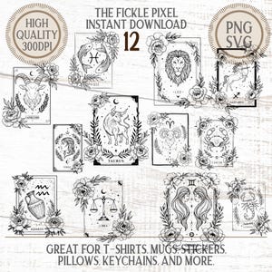 12 Zodiac Signs Line Art Bundle | Mystical Botanical Frames | PNG SVG | Instant Download | Commercial Use