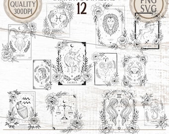 May include: A black and white digital download featuring 12 zodiac signs, each framed with floral and botanical elements. The image includes text: "THE FICKLE PIXEL INSTANT DOWNLOAD 12" and "GREAT FOR T-SHIRTS, MUGS, STICKERS, PILLOWS, KEYCHAINS, AND MORE."