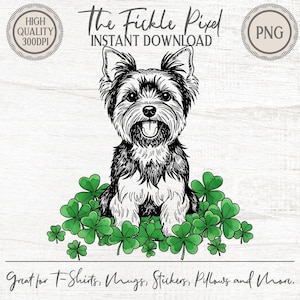 May include: Black and white illustration of a Yorkshire Terrier dog sitting in a bed of green shamrocks. The image includes the text "The Fickle Pixel INSTANT DOWNLOAD" and "Great for T-Shirts, Mugs, Stickers, Pillows and More."