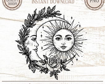 Celestial Sun Moon Face PNG | Vintage Tattoo Art | Laser Engraving Design | Boho Home Decor | Commercial Use Digital Download