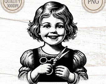 Funny Vintage Girl with Scissors PNG: Retro Clipart (Digital Download